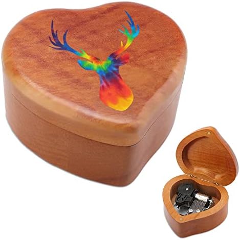 Tie Dye Deer Head Head Wood Music Box гроздобер музички кутија подарок за Божиќен роденден Денот на вineубените