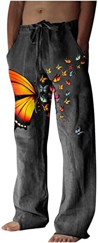 Машки Лабави Широки Панталони За Нозе Печатени Пеперутки Со Врвки За Мажи Летни Тенки Удобни Памучни Ленени Панталони