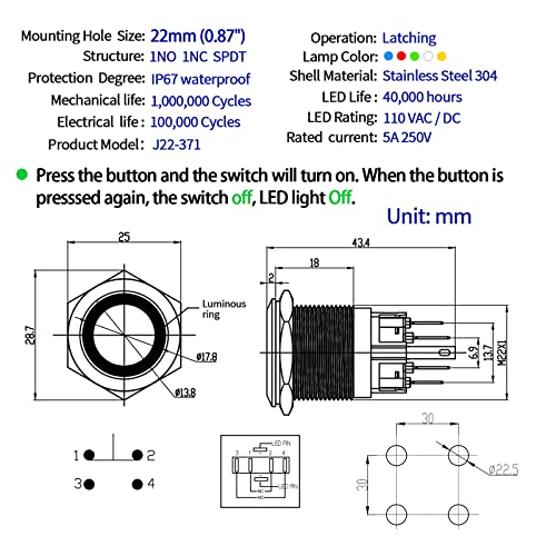 Префрлување на копчето за притискање на копчето 22мм 210V120V моќност за 0,87 Дупка за монтирање 1NO 1NC SPDT на водоотпорни
