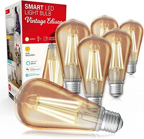 Sengled Zigbee Smart Edison Bulbs, Потребен Е Паметен Центар, Работа Со Паметни Работи иoо Со Вграден Центар, Гласовна Контрола Со Алекса и Google Home, Amber Home 2000k LED E26 Edison Bulb, 60W Eqv. 6 Пакет
