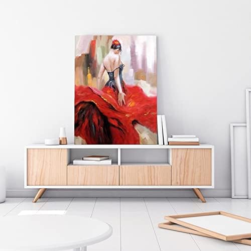 12x16inch рачно изработено уметничко масло сликарство фламенко танчер шпански цигански светло црвен фустан Импресионистички портрет жена платно