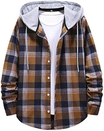 Машка класична вклопена облека Проверете ја кошулата модна јакна лабава голема зашиена кошула со качулка, случајно удобно палто