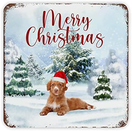 Среќно Божиќно куче со капа Гроздобер метален знак Плакета метален постер знак рустикален wallиден знак за Божиќ