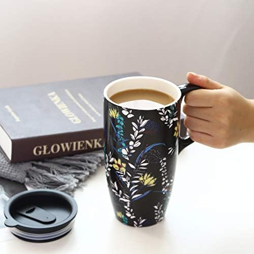 Dusvally керамичка кригла Голема чаша за кафе високи чаши за патувања порцелан лате чај чај со капак 17oz, црна