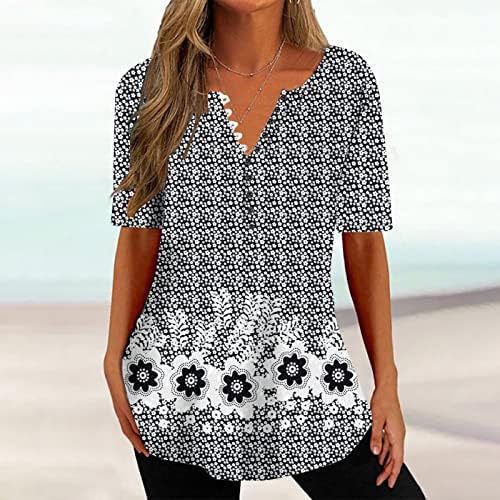 Туника на врвови за жени лабаво вклопено копче за копче V вратот маички со кратки ракави цветни печатени блузи 2023 летна проточна кошула