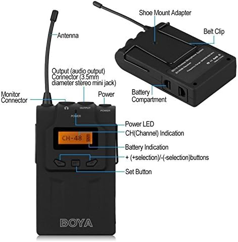 Boya 48-Channel UHF Omni-режија на безжичен лавалиер микрофон систем со преносен приемник на предавателот 3,5 mm XLR излези за