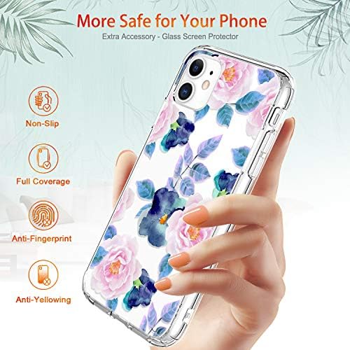 Giika iPhone 11 Case со заштитник на екранот, чиста заштитна кутија со тешки страни, цветни девојки, жени шок -отпорни на тврд компјутер,