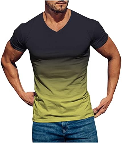 Машка маица со маж со валсеил, обична V-врат градиентна печатење во боја, пулвер летен фитнес спортски кратки ракави маички за мажи за мажи