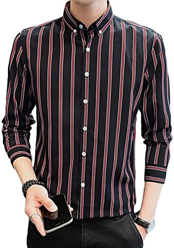 DGHM-JLMY MEN SPREAR шарена кошула со долг ракав со зашилена јака, лежерна памучна лента со кошула, модно копче надолу од кошула