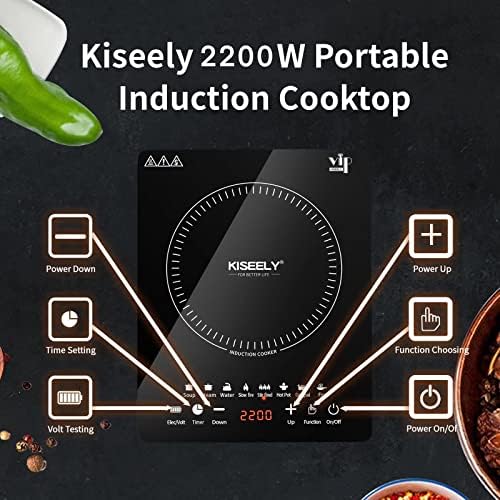 Преносна индукција за готвење, Countertop Burner со мулти-функција, 2200W електричен шпорет со лесно чисто стакло, 8 режими Сензорски