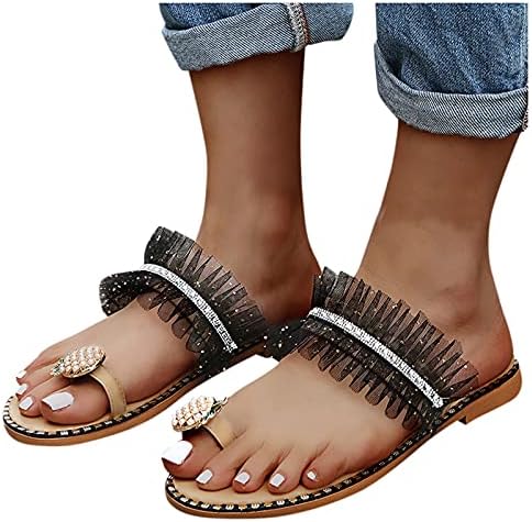 Жени рамни сандали девојки ringвонат станови на пети боемски стил летни обични папучи чипка исечоци модни чевли на плажа