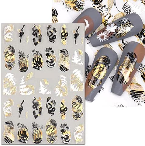 Налепници за нокти MLOVEW за уметност за нокти, 6 црни и златни серии на ноктите, остава цвеќиња змија и пеперутка и други обрасци