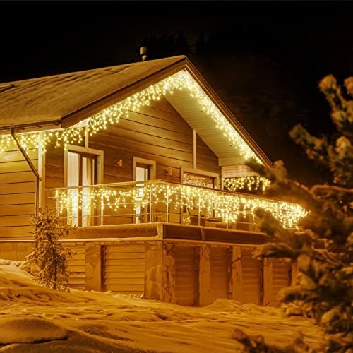 Jmexsuss 200 LED лево -светла на Icicle, 8 режими водоотпорни божиќни светла на мраз, светла на отворено на отворено, топло бело за Божиќна покривна