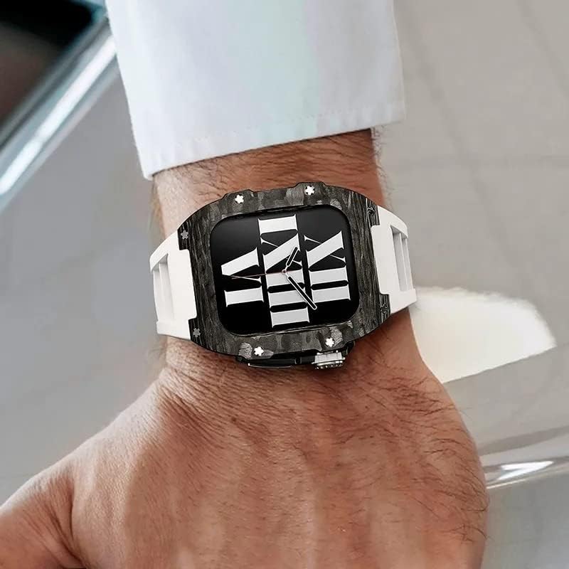 Модификација на јаглеродни влакна Kanuz, поставен за Apple Watch 7 44mm 45mm гумена лента луксузен модифициран случај на легура