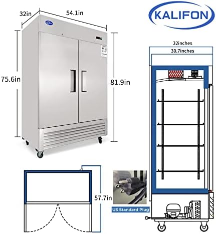 Комерцијален фрижидер за дофат на Калифон 54 со 2 цврсти врати и 8 полици, 49 Cu.ft фрижидер за ладење на вентилатори од не'рѓосувачки