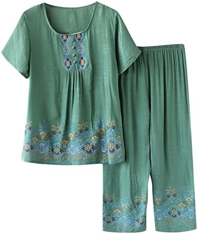 2023 Womenените со две парчиња пижами поставува врвови со кратки ракави со еластична лента за половината на каприци за спиење