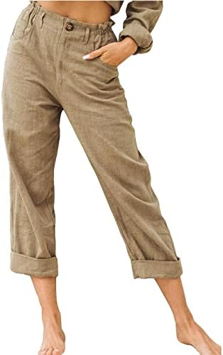 Вокачи со високи половини со широки нозе за жени, летни обични исечени фустани панталони се протегаат на памучни постелнини каприс