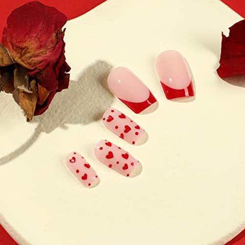 Притиснете На Ноктите Денот На Вљубените со средна Должина француски Врв Лажни Нокти Со Дизајн Црвено Срце Лепак На Ноктите Квадратни