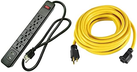 Аполо жица и кабел, лента за напојување, 2,5ft 14/3 SJT, црна, 2 USB порти - 5V, 2,4А споделени, 6 заземјни места плус 25ft тешки кабел