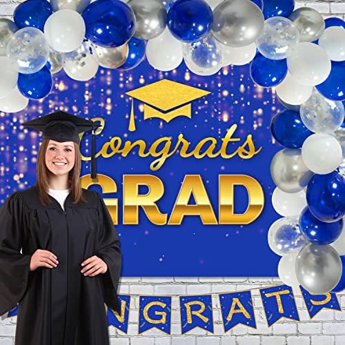 Декорации за дипломирање 2023 година за дипломирање на забави за дипломирање Градски банер, позадина, балони од 60 парчиња, 25 парчиња сини златни ресни, 4 парчиња харти