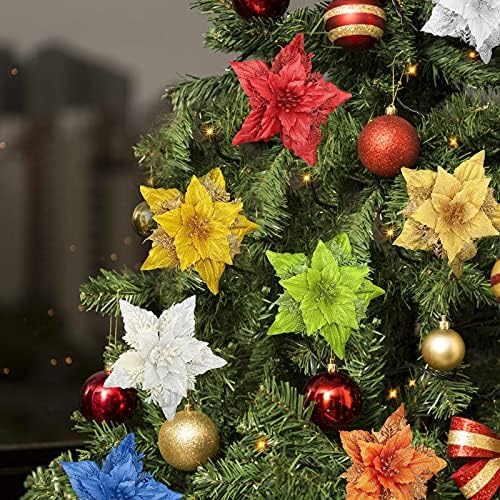 Исклучителни божиќни украсни подароци, 10 парчиња Божиќна Поинсетија, 7,1 Инчен Украсен Свилен Цвет Од Новогодишна Елка,Вештачки Сјај