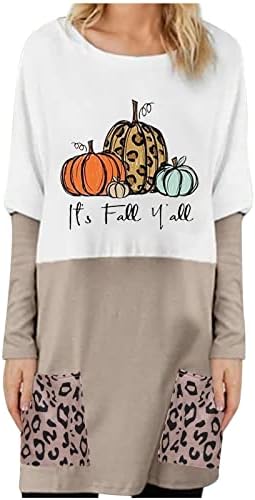 Есен е врв на туника за жени, смешна тиква буква, печати маички во боја на леопард крпеница џебна кошула блуза