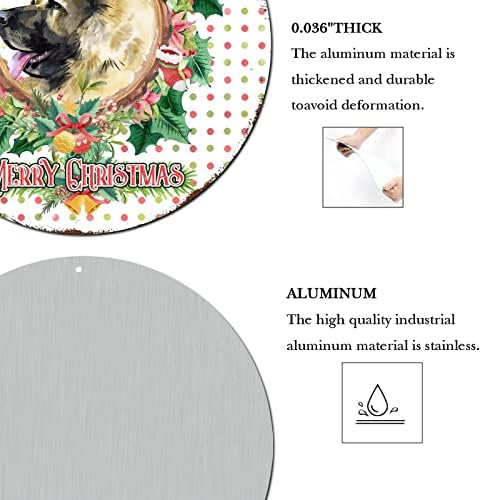Надворешен Среќен Божиќен Знак Куче Во Цветен Венец Тркалезен Метален Калај Знак Украси За Божиќни Врати Внатрешен Рустикален Метален Венец
