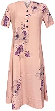 Коктел фустани за жени, женски цветни печати кратки ракави миди облечени во џебови со копче за вратот, долги плажа фустани