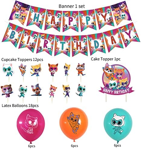 Супер Мачиња Партија Украси, Цртан Филм Херој Мачка Роденден Материјали Вклучуваат Среќен Роденден Банер, Балони, Кекс Торта Блузи