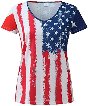 ЗДФЕР Денот Независноста Маица За Жени V Вратот Краток Ракав Врвови Американско Знаме Печатени Блуза Повик Лабава Графички Маици