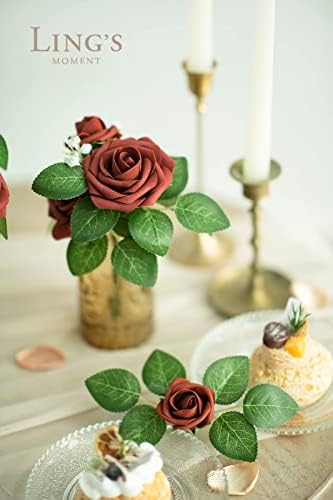 Моментот На Линг Вештачко Свадбено Цвеќе 25 парчиња Килибарни Лажни Рози со Стебло ЗА Самостојни Свадбени Декори Аранжмани Букети