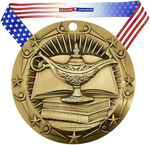 Академски Медал Од Светска Класа - 3 Инчен Широк Светилка На Знаење Медалјон Со Ѕвезди И Ленти Американско Знаме V Вратот Лента