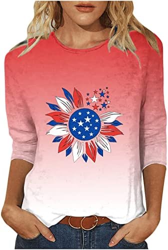 4-ти јули кошули за жени летна независност Ден 3/4 ракав Патриотска маица Цветни печатени кружни врат-вратот маички