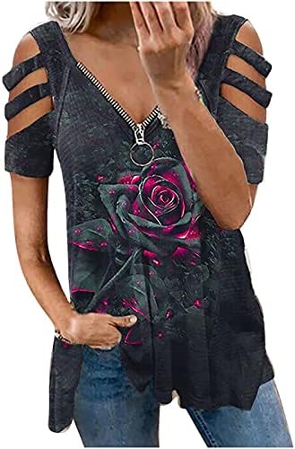 Womenените обични маица лабава вклопени кратки ракави патенти врвови против вратот Исечени од ринстон туничен мета секси ладно рамо