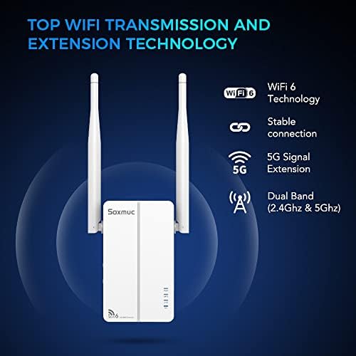 SoxMuc 5G WiFi Extender AX1800 со порта за етернет, безжичен повторувач на Интернет со двоен опсег од 1800 Mbps, засилувач на сигналот Extender