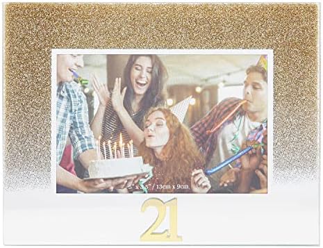 Среќни домашни производи модерен златен сјај Ефект 21 -та роденденска стаклена рамка со слики со 3Д акрилни букви - 5 x 3,5 | Хоризонтална