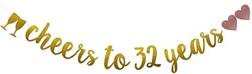 Поздрав до 32 Години Банер, Претходно Нанижани, Златни Сјајни Хартиени Венци за 32-годишнина Од Роденденот/Свадбата Материјали За Украси За