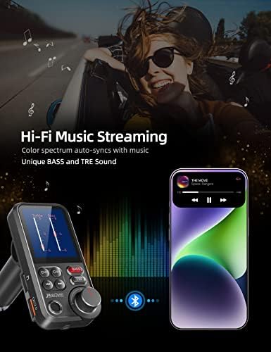 Nulaxy FM Bluetooth Transmiter за автомобил, силен микрофон Bluetooth адаптер за автомобили со 1,8 екран во боја за бесплатни повици,