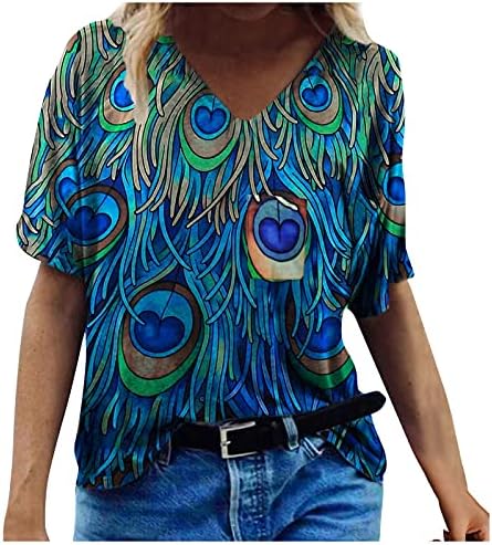 Маица за жени летни маички обични елегантни цветни печатени кратки ракави со врвови со врата од врата од врата од лабава кошула Основна