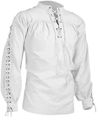 Ренесансна кошула мажи постелнина мажи врвови мода маица маица завој со долги ракави меди- кошула готски човек обични блузи