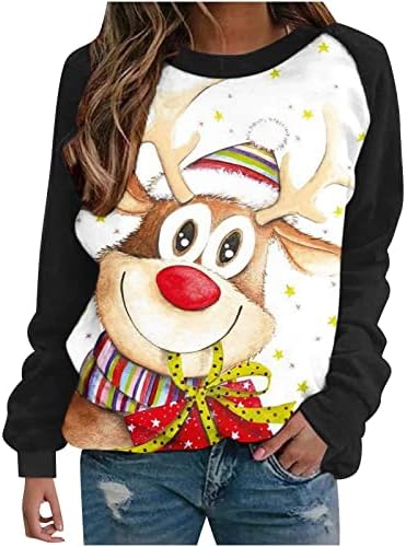 Женски екипаж, џемпер во боја на џемпер, долг ракав Раглан, Божиќни печати кошули Обични слатки празници на врвови за пулвер
