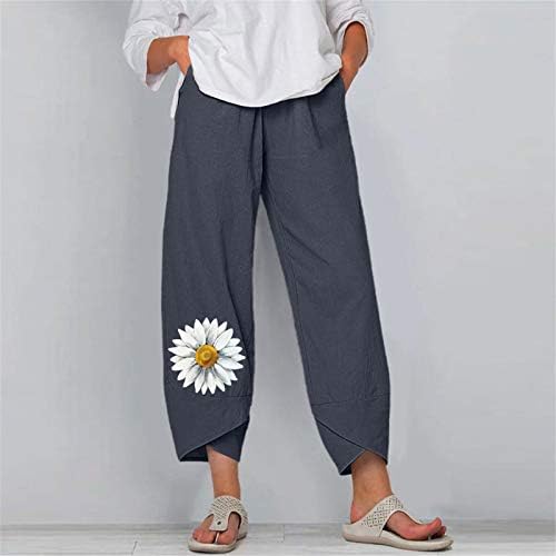 Weny летни капри панталони за жени, женски постелнини исечени панталони за печатење на џеб глуждот Каприс панталони