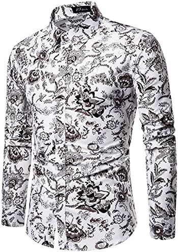 Машки кошули со копчиња од ZHDD, есен лето лето Хавајски лисја цветни печатени јаки од вртење на јака лабава обична маичка Бохо кошула врвови