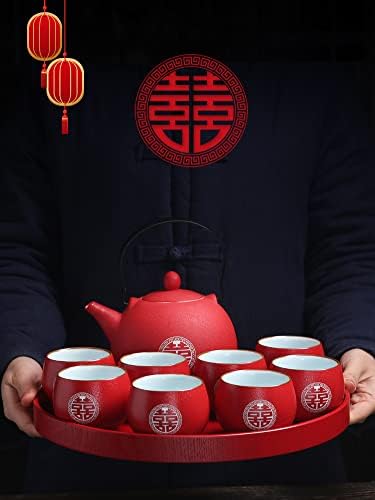 Кинески Традиционална Свадба Декорација Црвен Чај Сет, Кинески Кунг Фу Чај Во Собата Чајник со 8 Чаши и Чај Одбор, Црвена Свадба