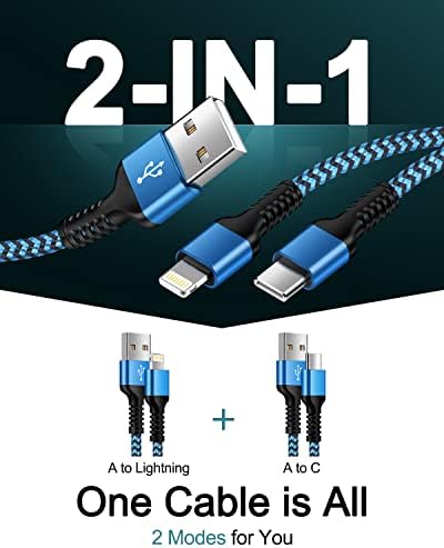 Кабел за полнење на Apple Lightning & USB-C 2-во-1, USB до Молња и USB до USBC Долг брз полнач за полнач за iPhone 14 Plus 13 12 11 Pro/Max/Mini