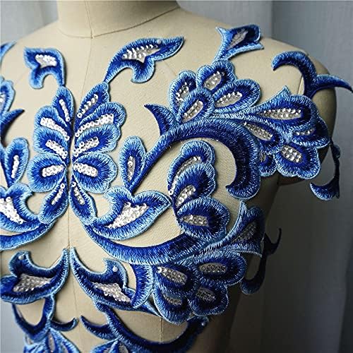 Skreojf 1 сет 4 парчиња сини извезени апликации за продолжение чипка ткаенина наметка јака шива на закрпи за фустан за декорација на венчавки