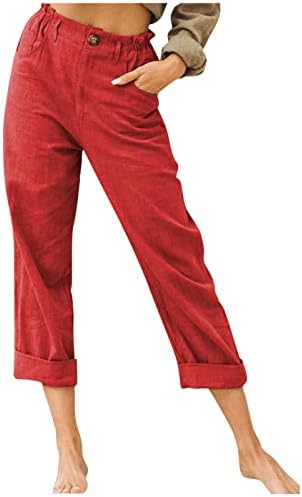 Женски удобни памучни постелнина панталони трендовски обични копчиња со цврста боја еластична половината лабава панталони со права нога