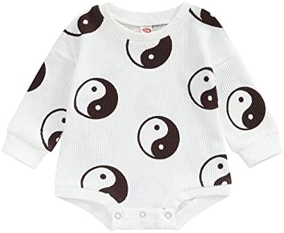 Новороденче момче девојче Волфле плетен ромпер, јин јанг таичи со долг ракав, телоскут, унисекс бебиња есенски облеки