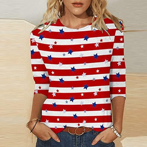 Тинејџерски девојки Американски знаме starвезда графичка кошула со брод на вратот врвови со кошули 3/4 ракав случајна есен летна