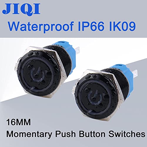 Jiqi 16mm 2pcs Водоотпорен 12V-24V Моментен прекинувач на копчето за притискање 1NO 1NC LED-копче за копче за копче за црна метална